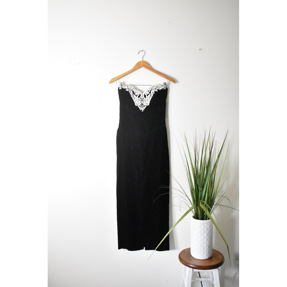 Scott McClintock Gown Women Size 8 Black 80s Velvet Lace Strapless Maxi Dress - Picture 7 of 12